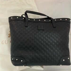 Gucci Black Studded Embossed Leather Tote Bag Purse Handbag